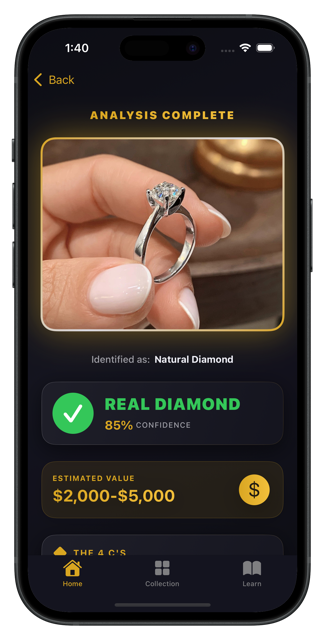 Diamond Tester app showing real diamond authentication with 85% confidence and $2,000-$5,000 estimated value